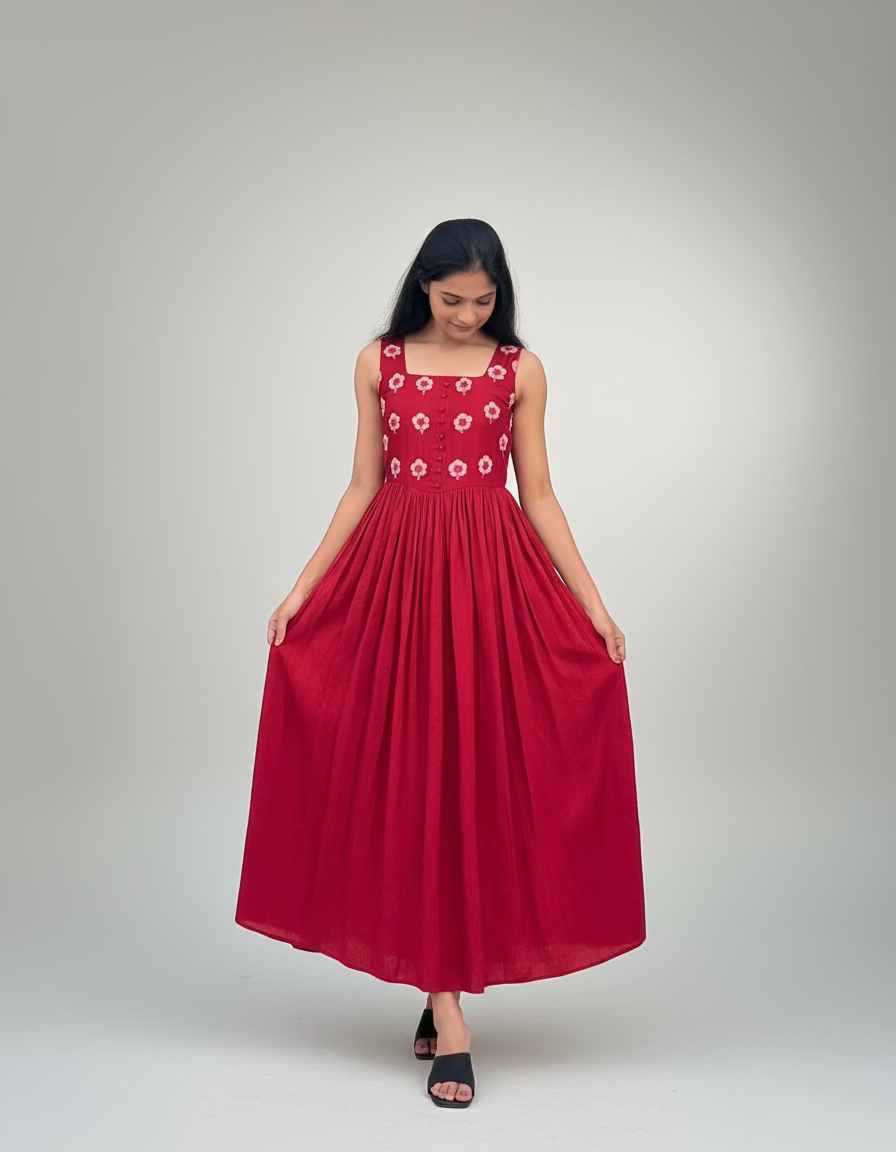 Woman in a red dress standing in a room with wooden bookshelves and potted plants.
